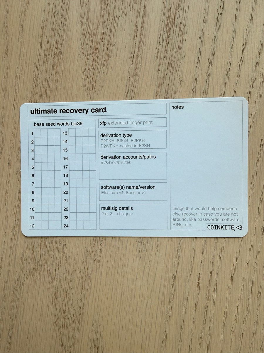 A blank Coldcard 'ultimate recovery card' with fields for the base seed words, extended fingerprint, derivation type, derivation paths, software versions, and multisig role.